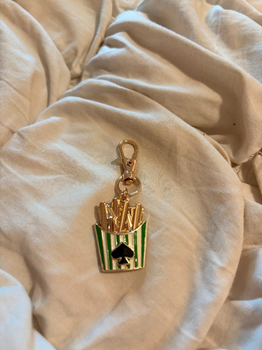 Kate Spade New York French Fries Bag Charm Keychain Gold Green Striped